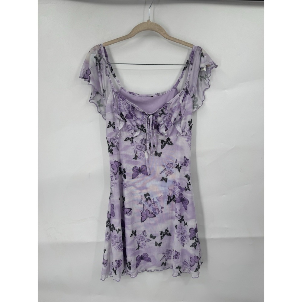 Whimsical Butterfly Print Flutter Coquette Mini Dress Women M Purple Fairy Ditsy